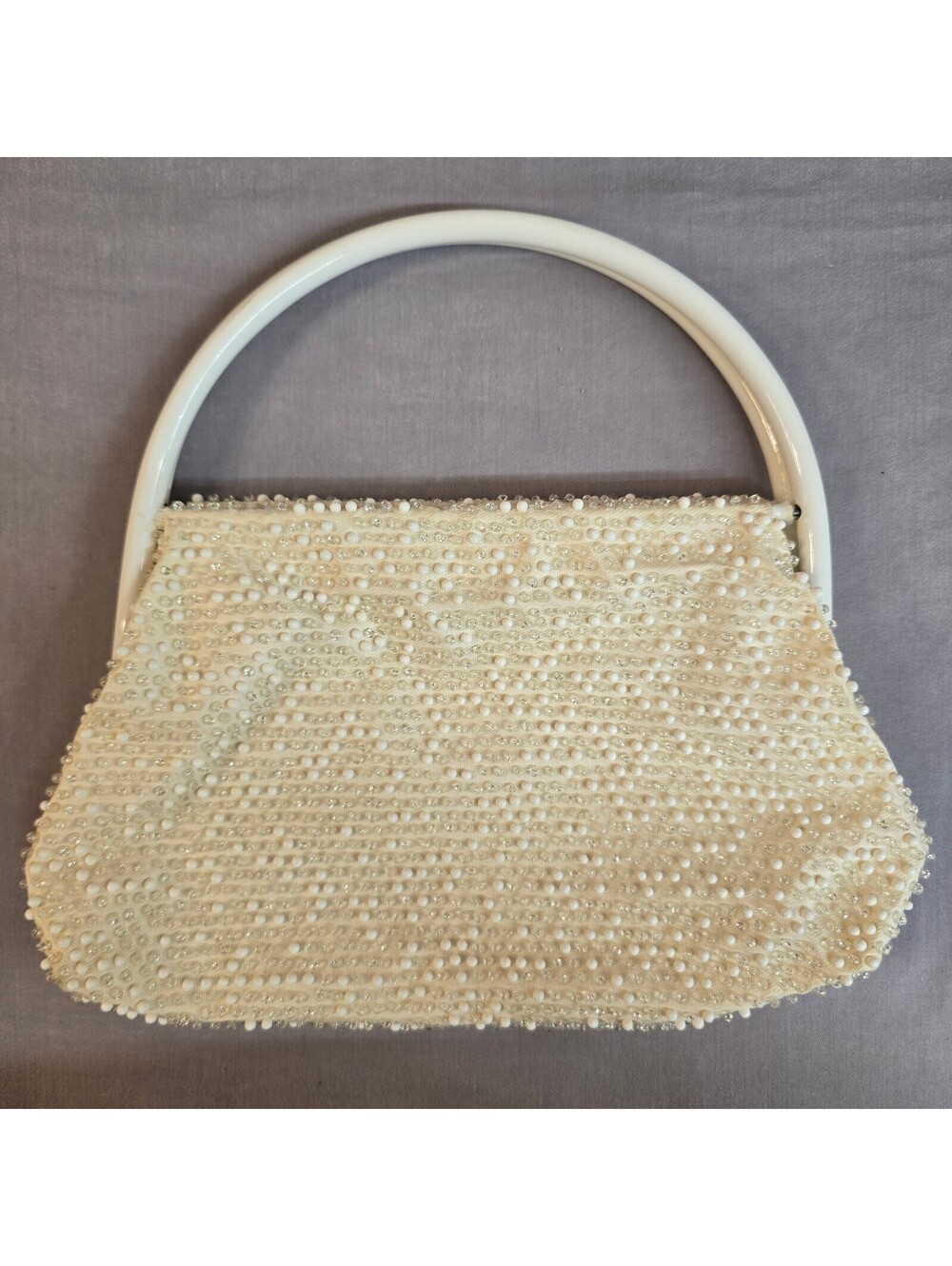 MCM Lumured White Beaded Evening Bag Bridal Wedding Purse Lucite O-Ring Handle